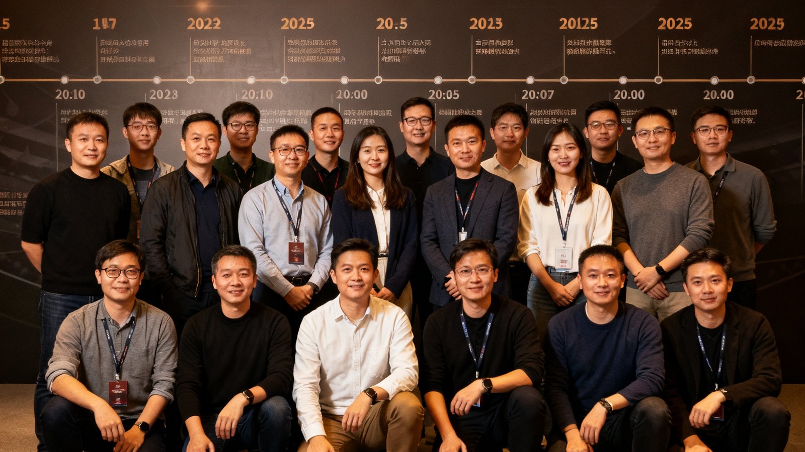 足球吧全体编辑与数据团队在2025年年会合影，背景墙展示公司里程碑